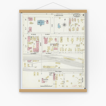 Old map wall art mockup — magnetic wood frame on white wall — Sanborn Fire Insurance Map from Ionia, Ionia County, Michigan (1890), Sheet #0004