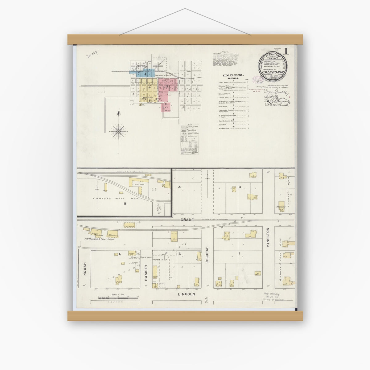 Old map wall art mockup — magnetic wood frame on white wall — Sanborn Fire Insurance Map from Caledonia, Houston County, Minnesota (1894), Sheet #0001