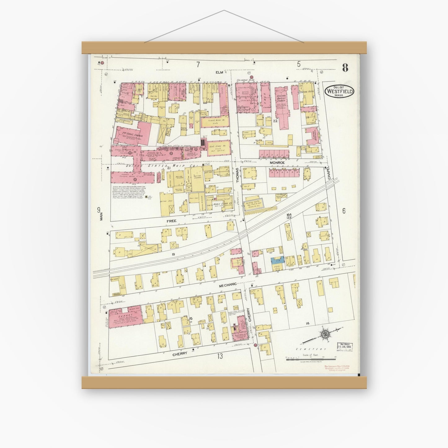 Old map wall art mockup — magnetic wood frame on white wall — Sanborn Fire Insurance Map from Westfield, Hampden County, Massachusetts (1917), Sheet #0008