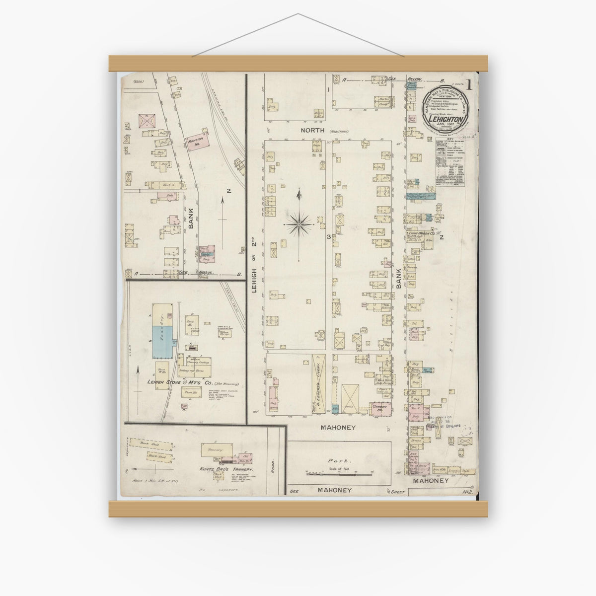 Old map wall art mockup — magnetic wood frame on white wall — Sanborn Fire Insurance Map from Lehighton, Carbon County, Pennsylvania (1887), Sheet #0001