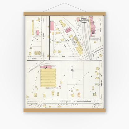 Old map wall art mockup — magnetic wood frame on white wall — Sanborn Fire Insurance Map from Crystal Lake, McHenry County, Illinois (1921), Sheet #0008