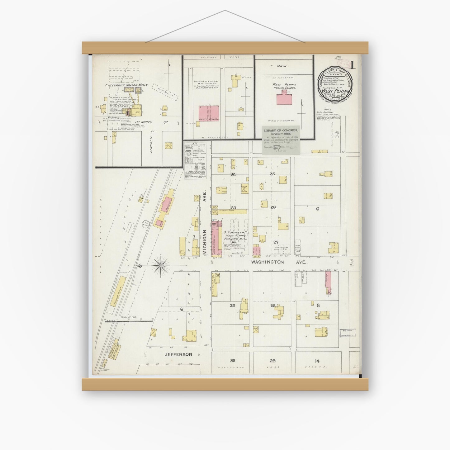 Old map wall art mockup — magnetic wood frame on white wall — Sanborn Fire Insurance Map from West Plains, Howell County, Missouri (1893) - Complete Map Set