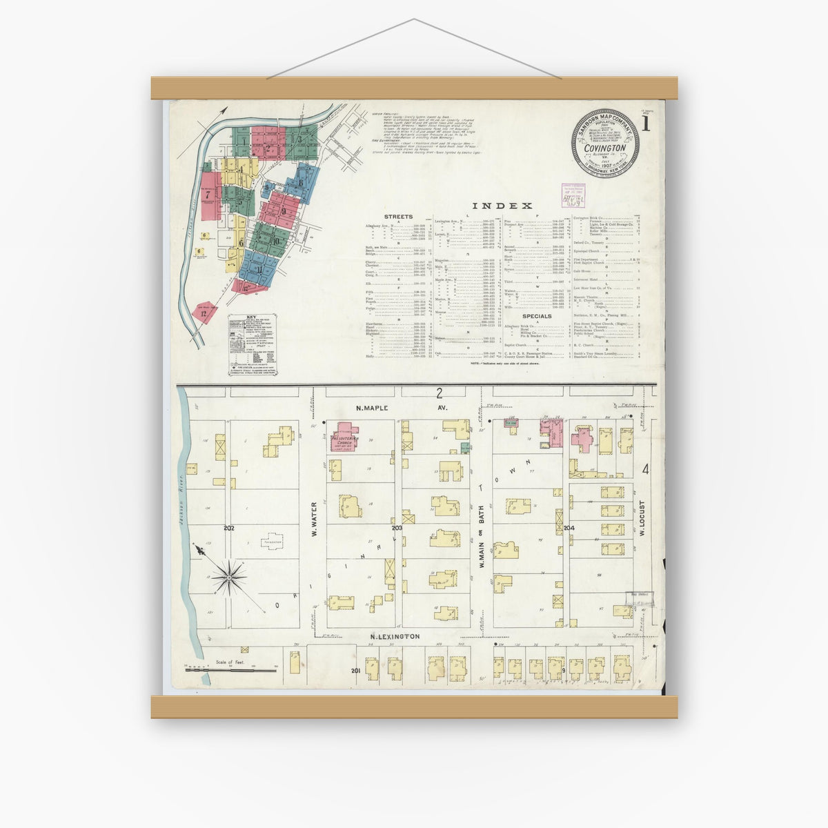 Old map wall art mockup — magnetic wood frame on white wall — Sanborn Fire Insurance Map from Covington, Independent Cities, Virginia (1907) - Complete Map Set