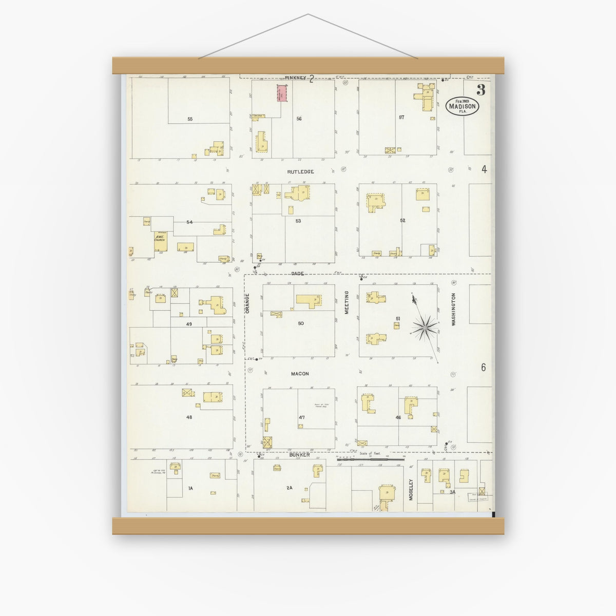 Old map wall art mockup — magnetic wood frame on white wall — Sanborn Fire Insurance Map from Madison, Madison County, Florida (1903), Sheet #0003