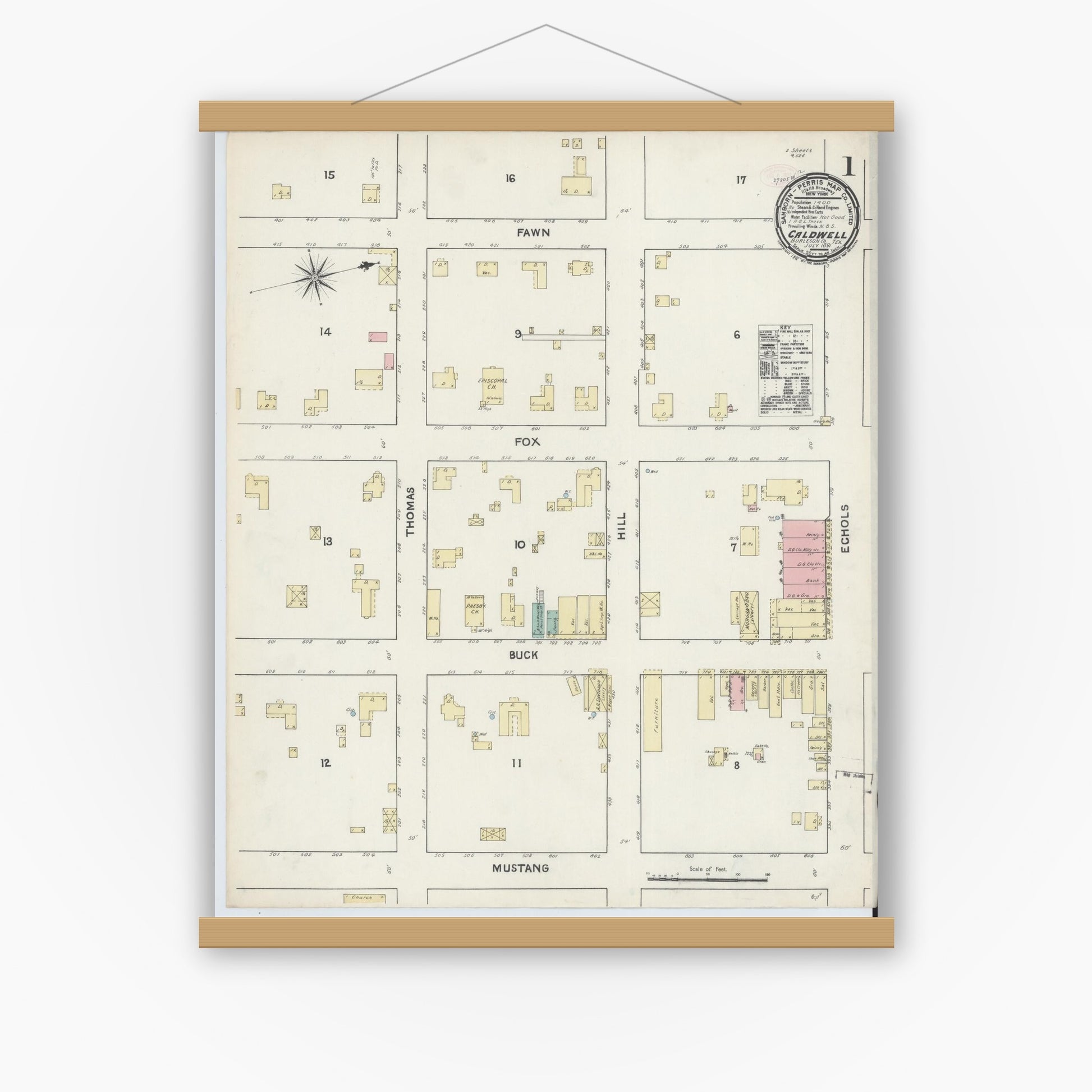 Old map wall art mockup — magnetic wood frame on white wall — Sanborn Fire Insurance Map from Caldwell, Burleson County, Texas (1891) - Complete Map Set