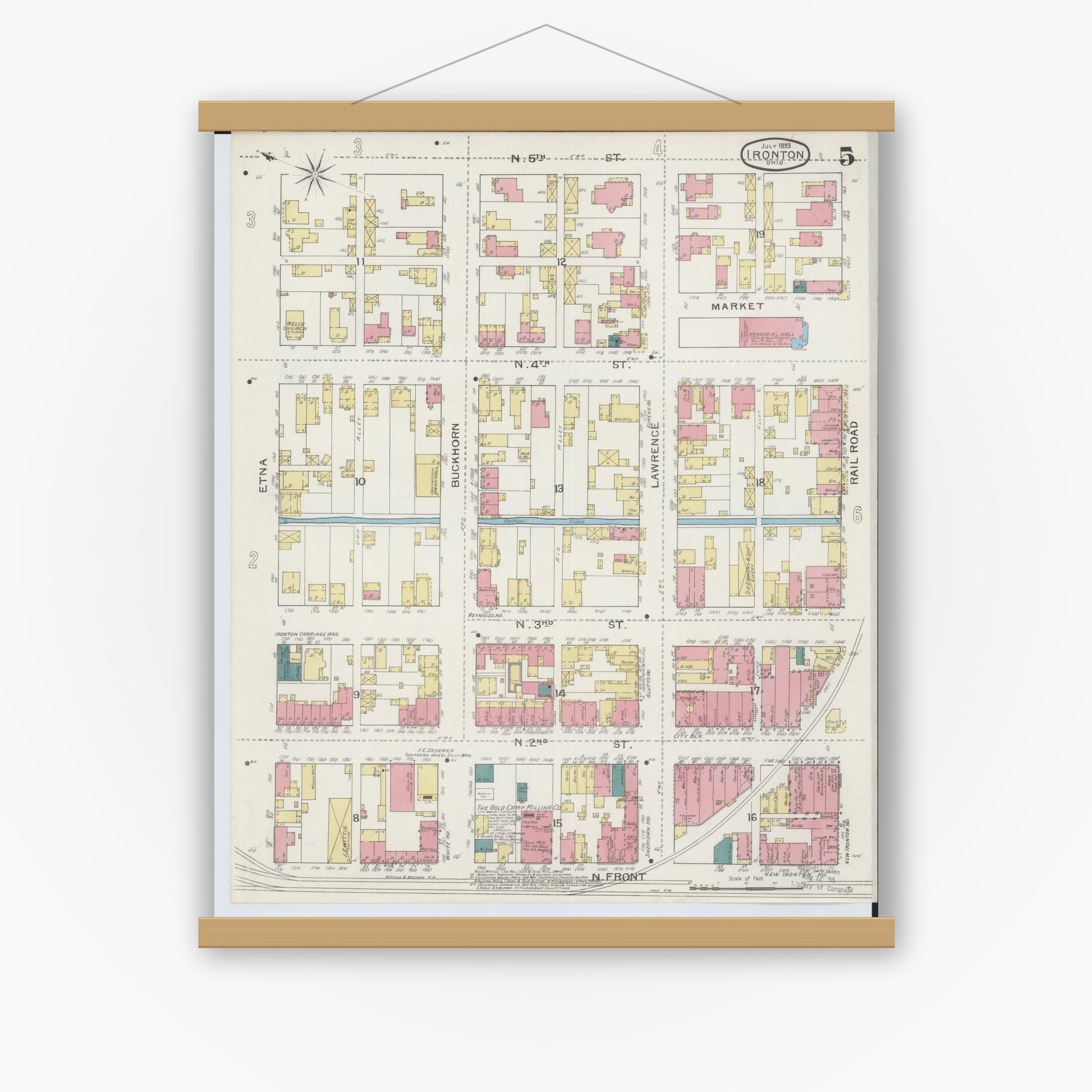 Old map wall art mockup — magnetic wood frame on white wall — Sanborn Fire Insurance Map from Ironton, Lawrence County, Ohio (1893), Sheet #0005