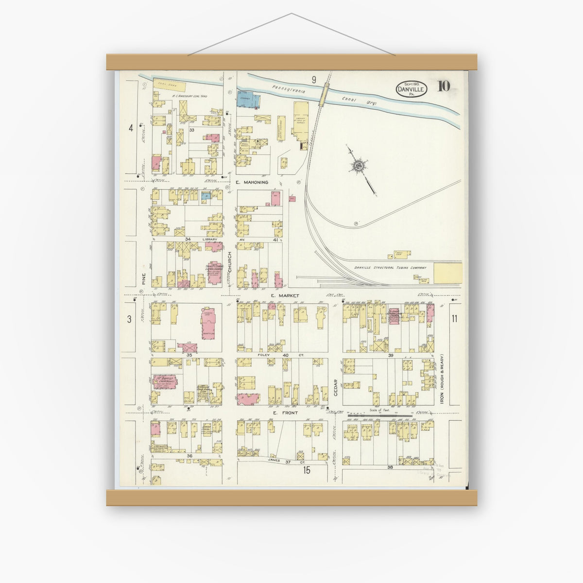 Old map wall art mockup — magnetic wood frame on white wall — Sanborn Fire Insurance Map from Danville, Montour County, Pennsylvania (1913), Sheet #0010