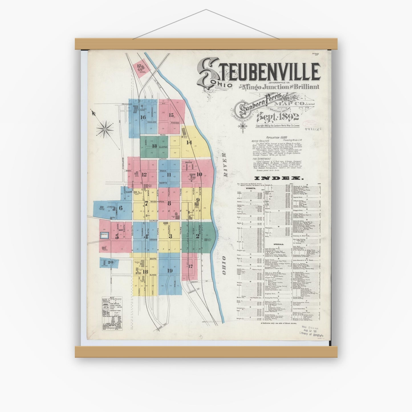 Old map wall art mockup — magnetic wood frame on white wall — Sanborn Fire Insurance Map from Steubenville, Jefferson County, Ohio (1892), Sheet #0001