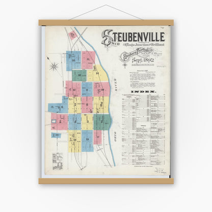 Old map wall art mockup — magnetic wood frame on white wall — Sanborn Fire Insurance Map from Steubenville, Jefferson County, Ohio (1892), Sheet #0001