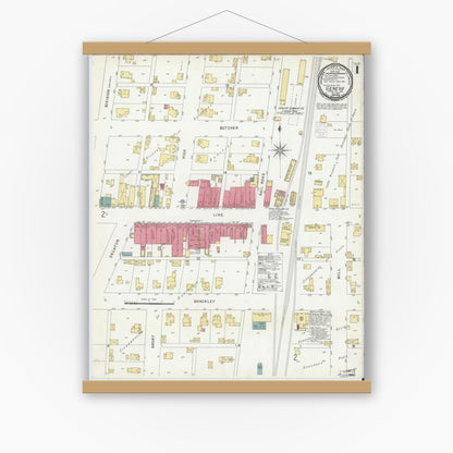 Old map wall art mockup — magnetic wood frame on white wall — Sanborn Fire Insurance Map from Geneva, Adams County, Indiana (1901), Sheet #0001