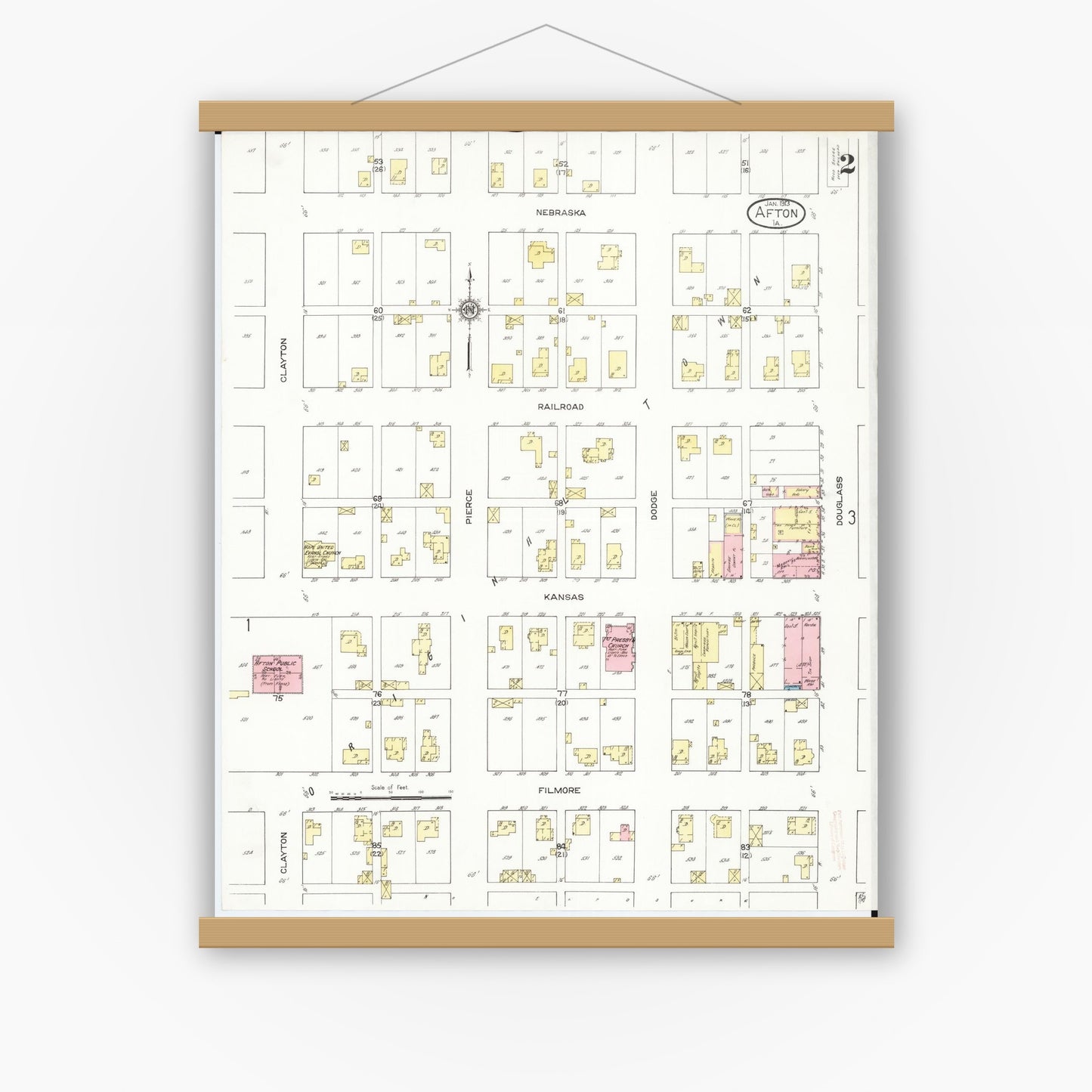 Old map wall art mockup — magnetic wood frame on white wall — Sanborn Fire Insurance Map from Afton, Union County, Iowa (1913), Sheet #0002