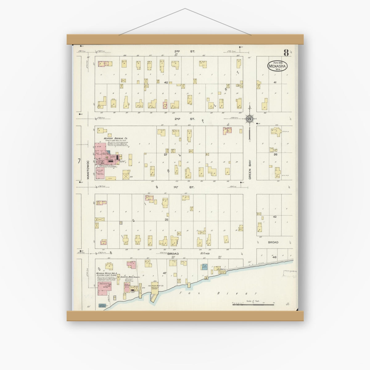 Old map wall art mockup — magnetic wood frame on white wall — Sanborn Fire Insurance Map from Menasha, Winnebago County, Wisconsin (1913), Sheet #0008
