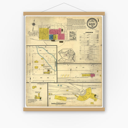 Old map wall art mockup — magnetic wood frame on white wall — Sanborn Fire Insurance Map from Baird, Callahan County, Texas (1922), Sheet #0001