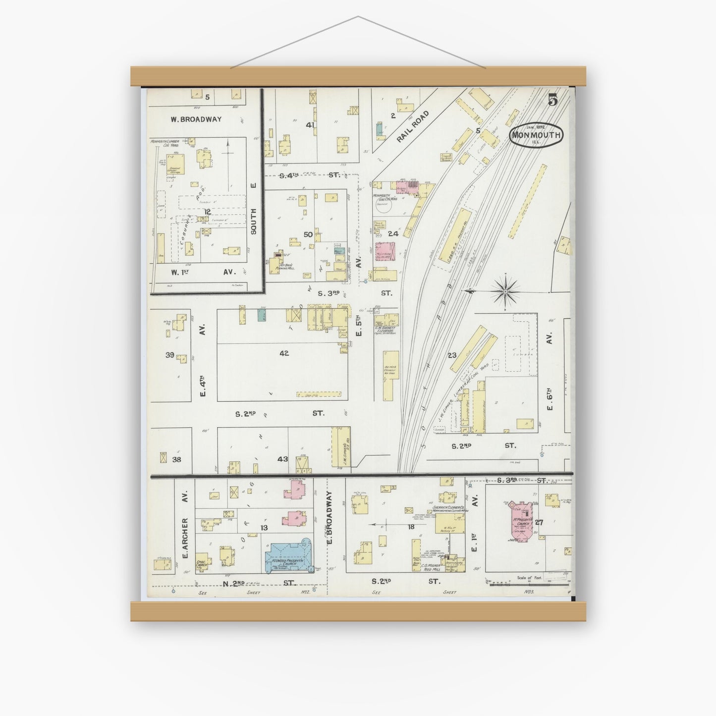 Old map wall art mockup — magnetic wood frame on white wall — Sanborn Fire Insurance Map from Monmouth, Warren County, Illinois (1892), Sheet #0005