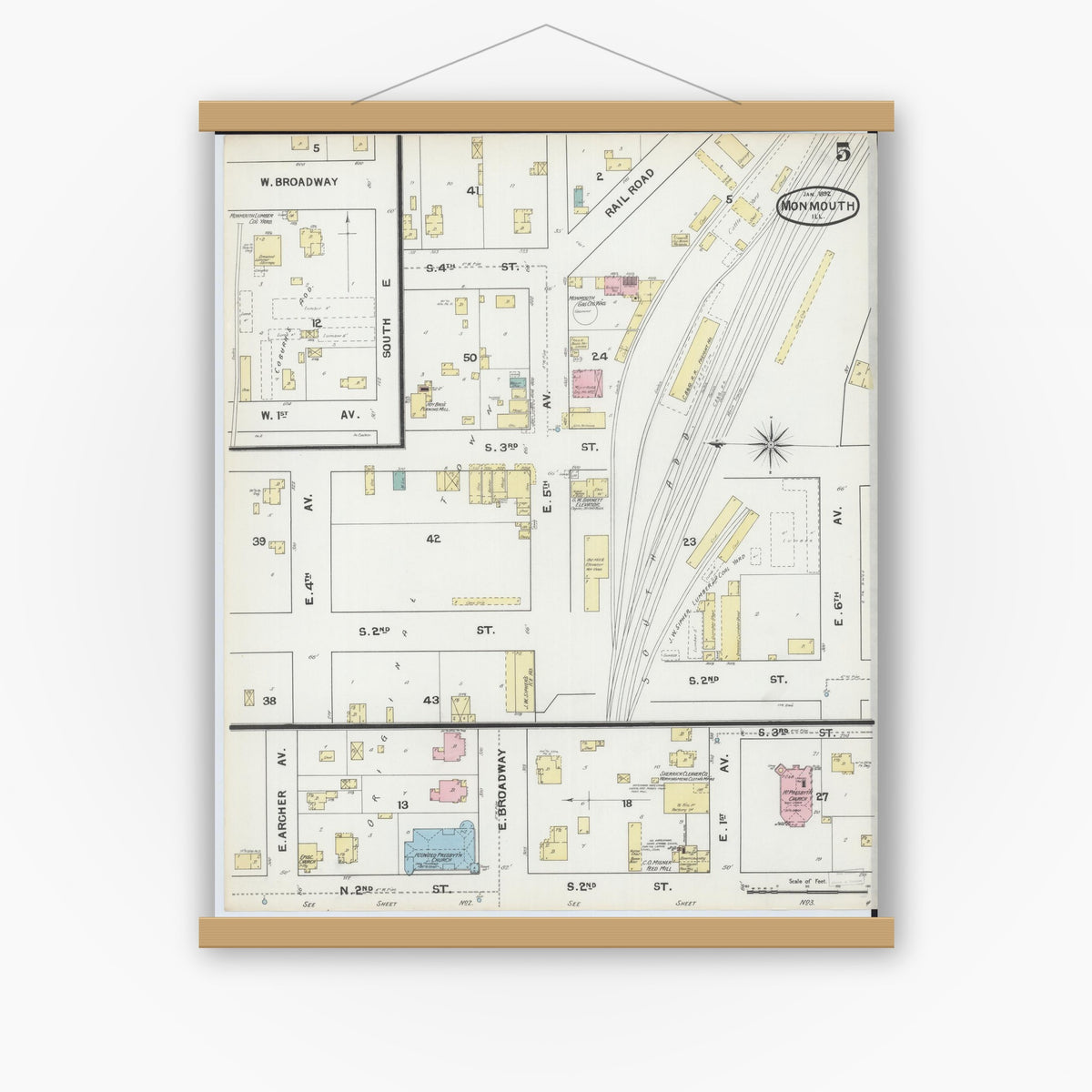 Old map wall art mockup — magnetic wood frame on white wall — Sanborn Fire Insurance Map from Monmouth, Warren County, Illinois (1892), Sheet #0005