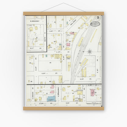 Old map wall art mockup — magnetic wood frame on white wall — Sanborn Fire Insurance Map from Monmouth, Warren County, Illinois (1892), Sheet #0005