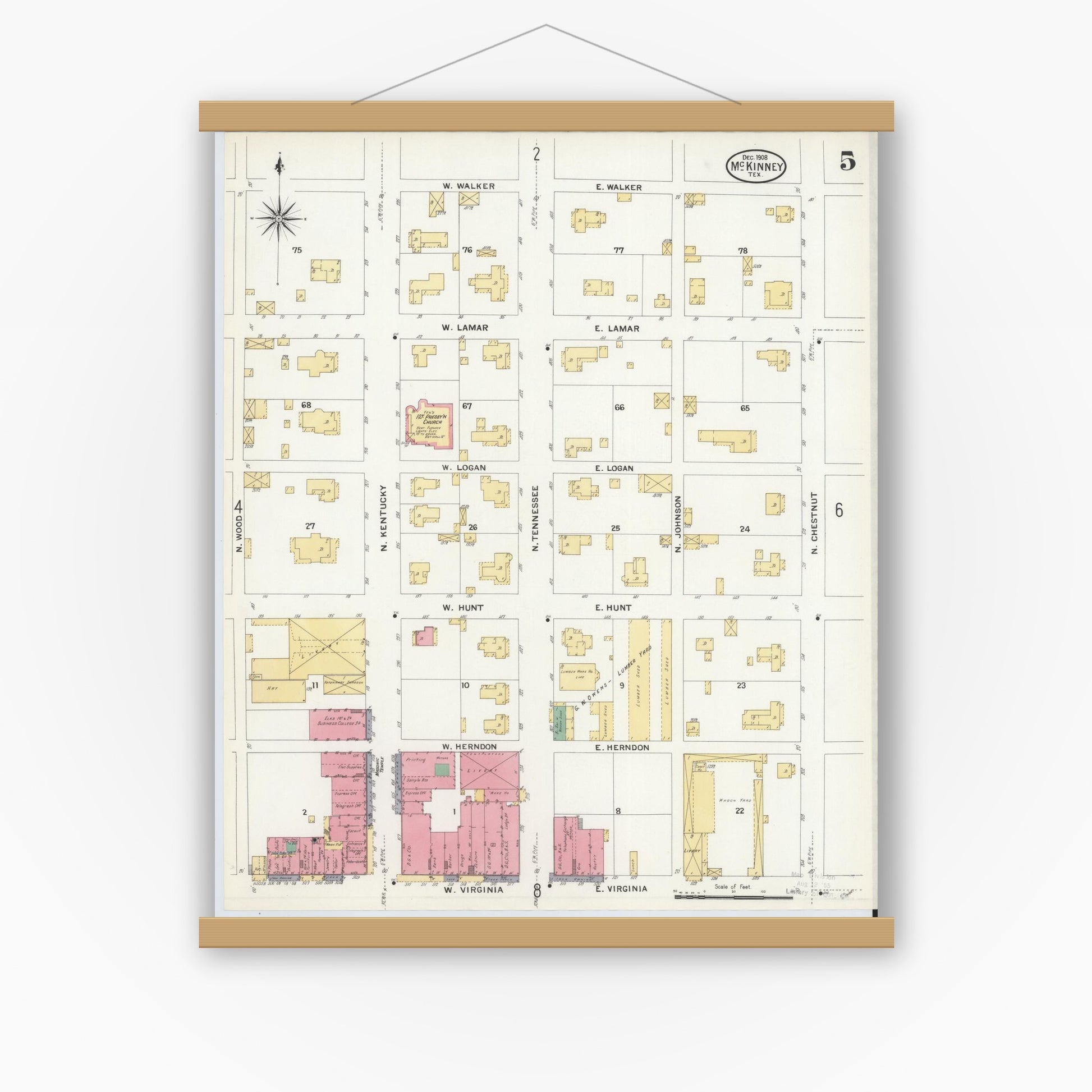 Old map wall art mockup — magnetic wood frame on white wall — Sanborn Fire Insurance Map from McKinney, Collin County, Texas (1908), Sheet #0005