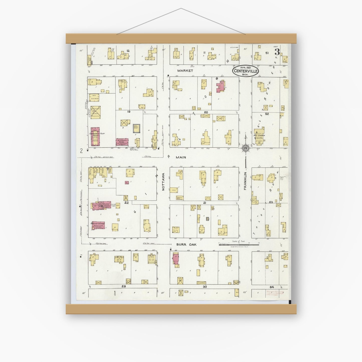 Old map wall art mockup — magnetic wood frame on white wall — Sanborn Fire Insurance Map from Centreville, Saint Joseph County, Michigan (1921), Sheet #0003