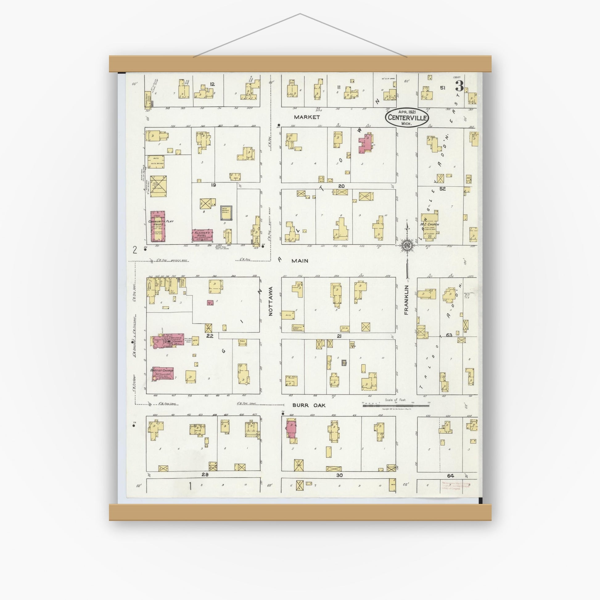 Old map wall art mockup — magnetic wood frame on white wall — Sanborn Fire Insurance Map from Centreville, Saint Joseph County, Michigan (1921), Sheet #0003