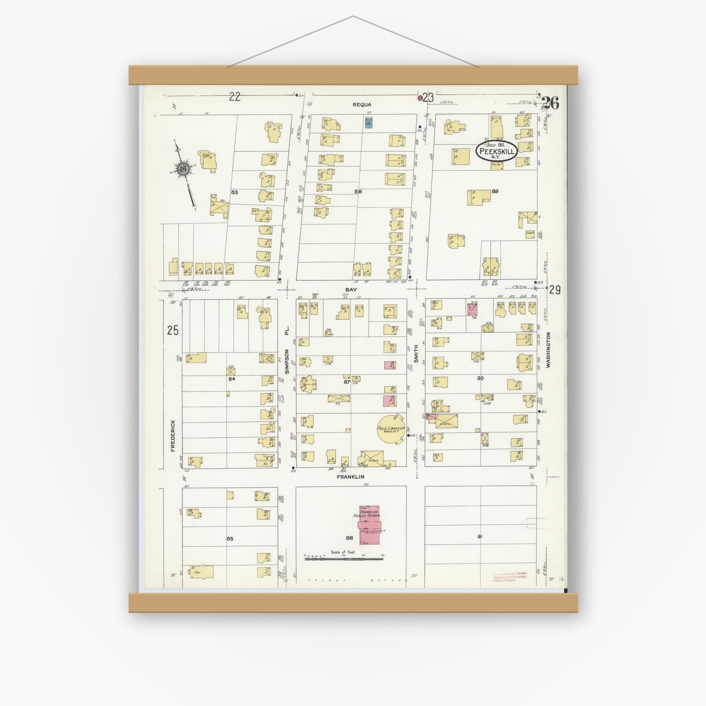 Old map wall art mockup — magnetic wood frame on white wall — Sanborn Fire Insurance Map from Peekskill, Westchester County, New York (1911), Sheet #0026