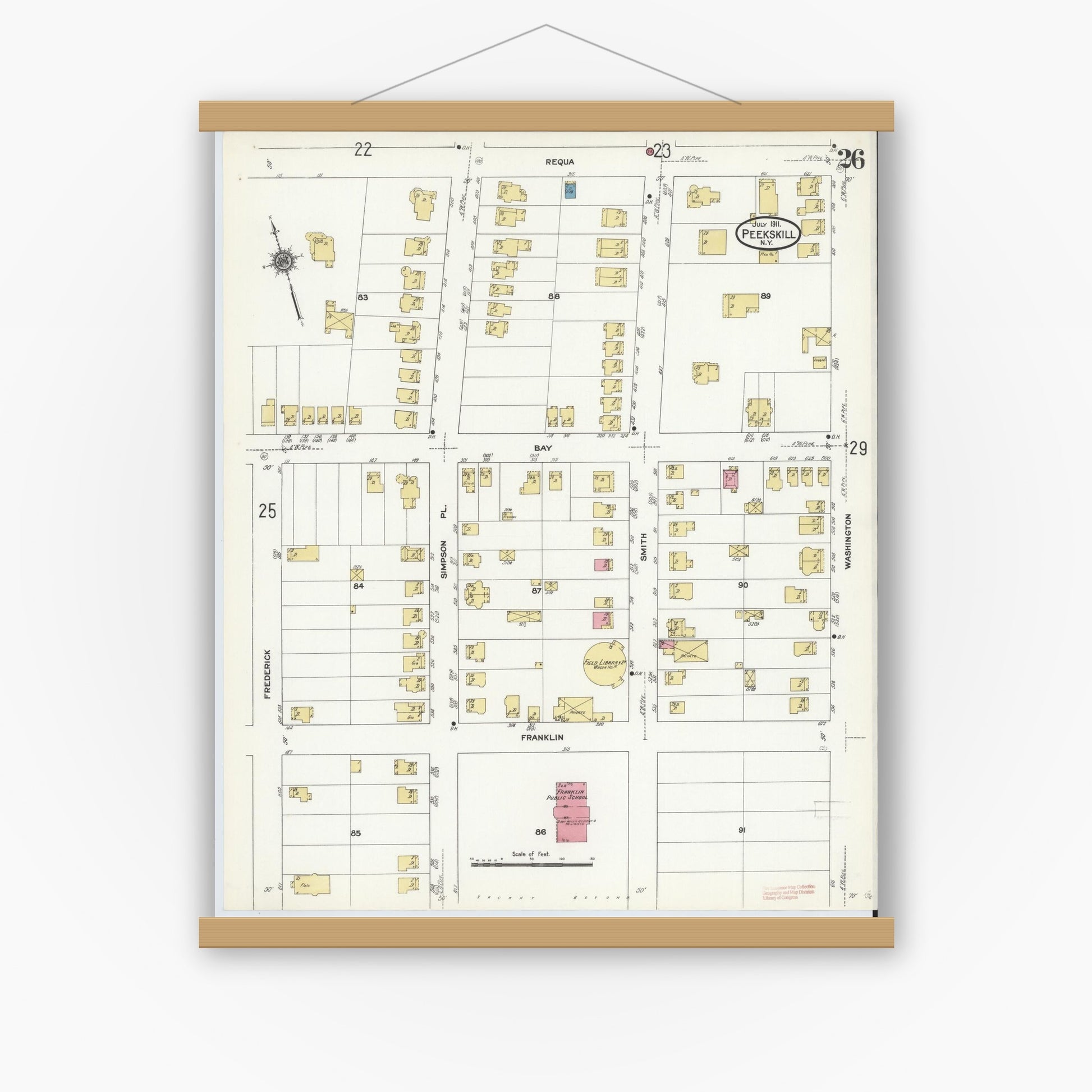 Old map wall art mockup — magnetic wood frame on white wall — Sanborn Fire Insurance Map from Peekskill, Westchester County, New York (1911), Sheet #0026