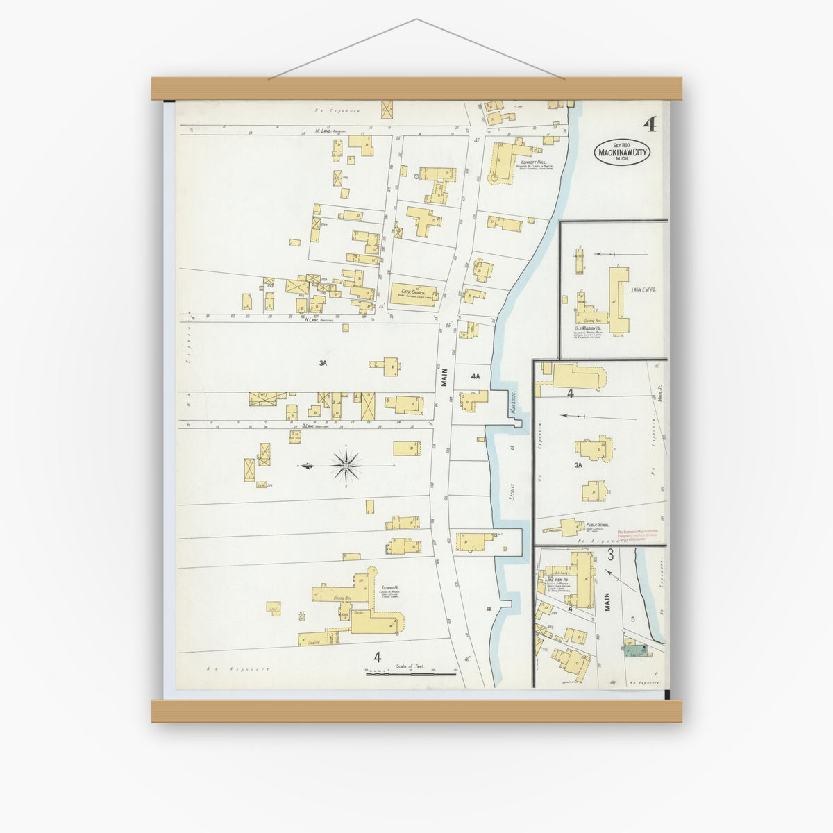Old map wall art mockup — magnetic wood frame on white wall — Sanborn Fire Insurance Map from Mackinaw City, Cheboygan County, Michigan (1900), Sheet #0004