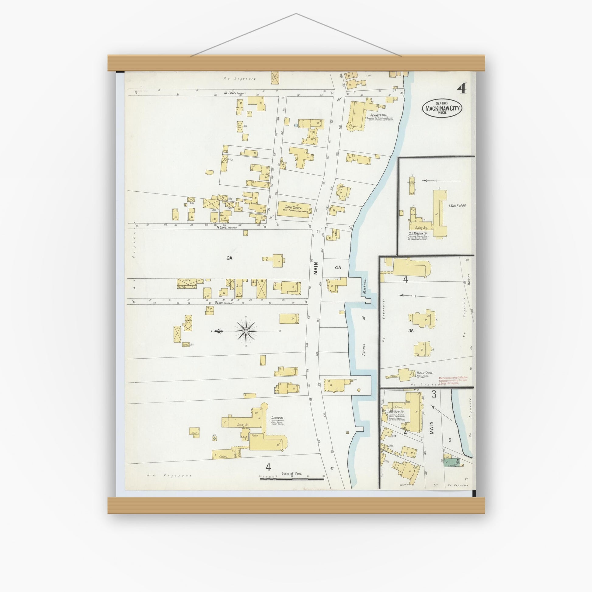 Old map wall art mockup — magnetic wood frame on white wall — Sanborn Fire Insurance Map from Mackinaw City, Cheboygan County, Michigan (1900), Sheet #0004