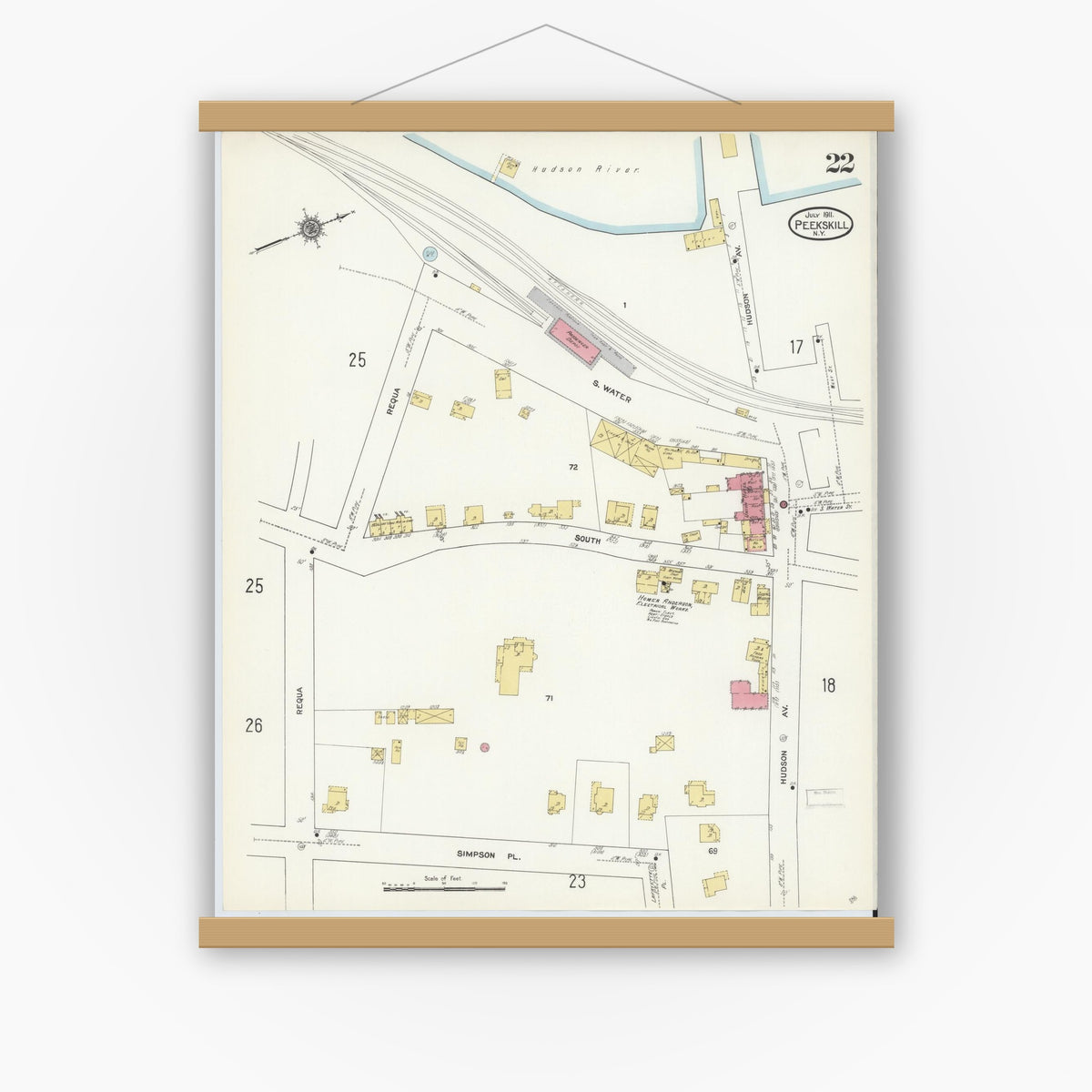 Old map wall art mockup — magnetic wood frame on white wall — Sanborn Fire Insurance Map from Peekskill, Westchester County, New York (1911), Sheet #0022