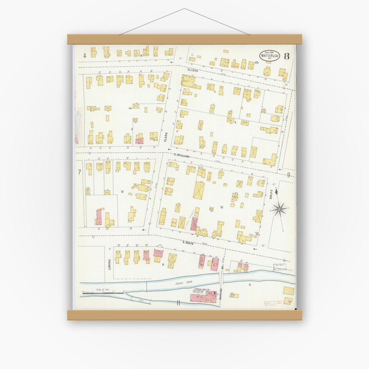Old map wall art mockup — magnetic wood frame on white wall — Sanborn Fire Insurance Map from Waterloo, Seneca County, New York (1904), Sheet #0008