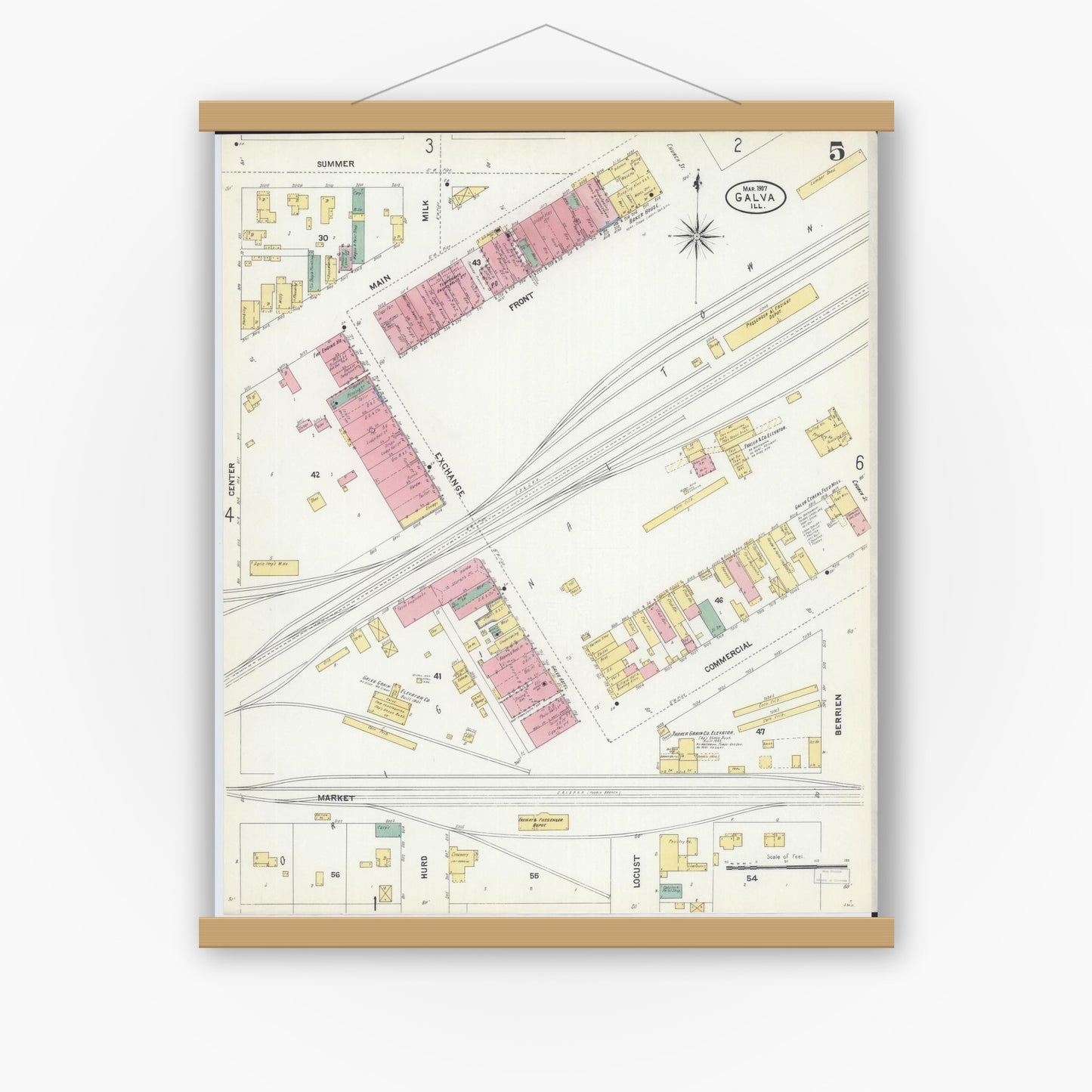 Old map wall art mockup — magnetic wood frame on white wall — Sanborn Fire Insurance Map from Galva, Henry County, Illinois (1907), Sheet #0005