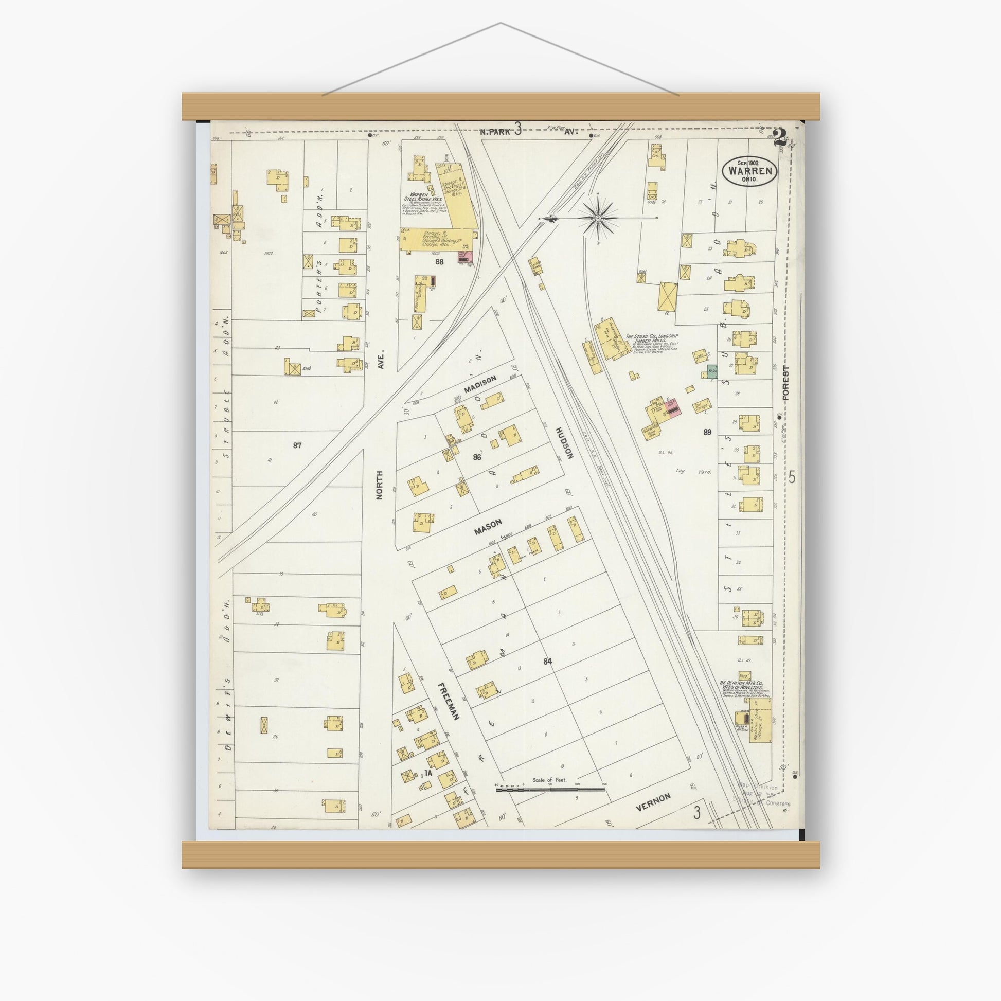 Old map wall art mockup — magnetic wood frame on white wall — Sanborn Fire Insurance Map from Warren, Trumbull County, Ohio (1902), Sheet #0002