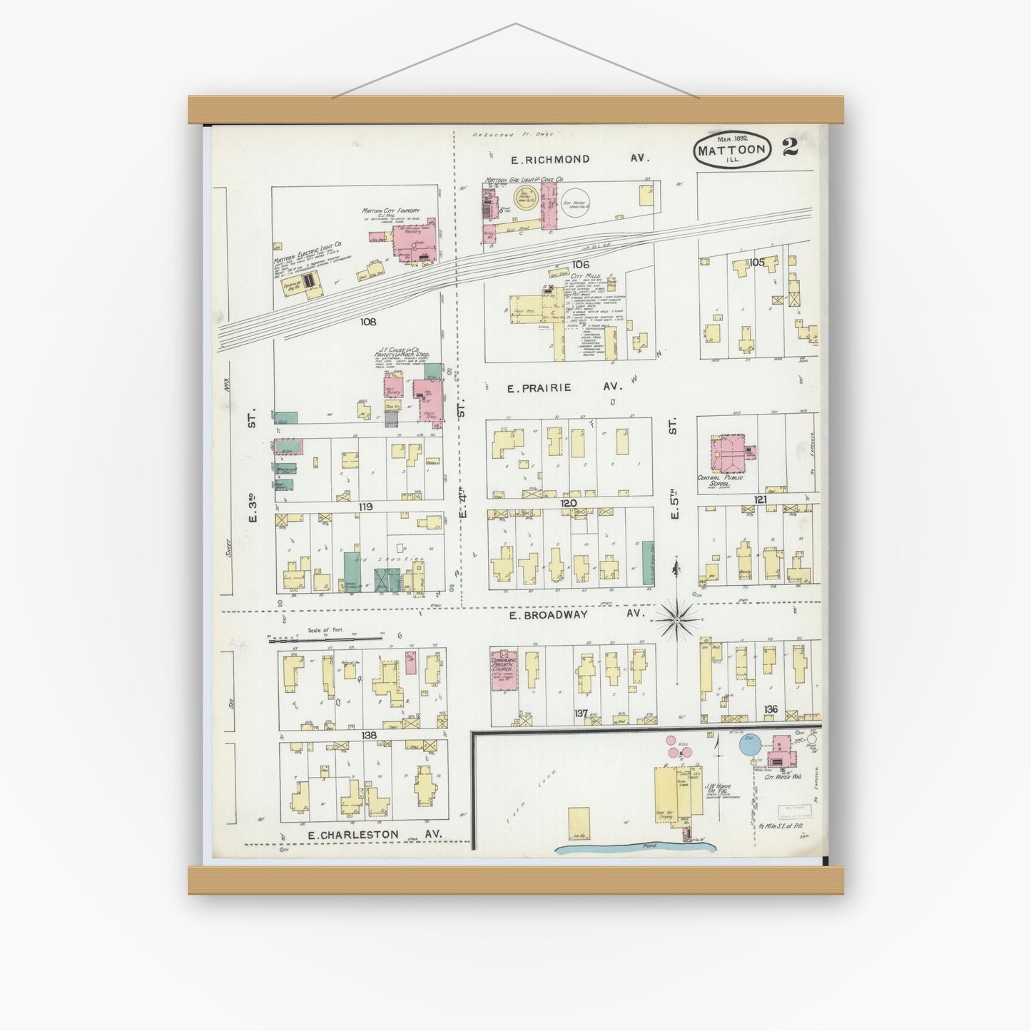 Old map wall art mockup — magnetic wood frame on white wall — Sanborn Fire Insurance Map from Mattoon, Coles County, Illinois (1892), Sheet #0002