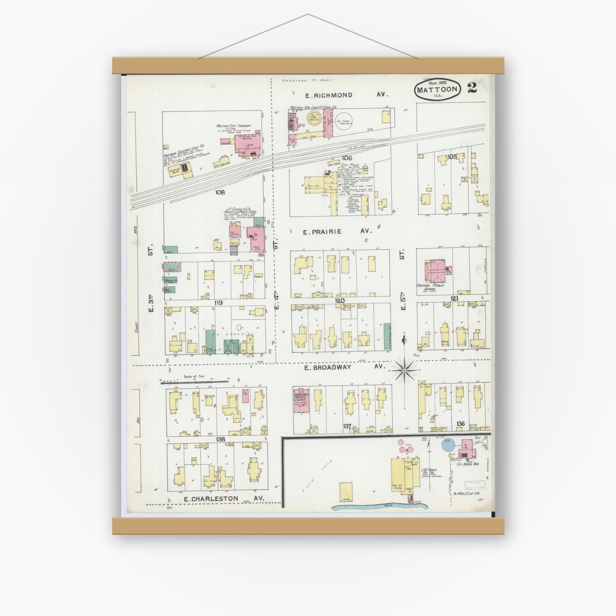 Old map wall art mockup — magnetic wood frame on white wall — Sanborn Fire Insurance Map from Mattoon, Coles County, Illinois (1892), Sheet #0002