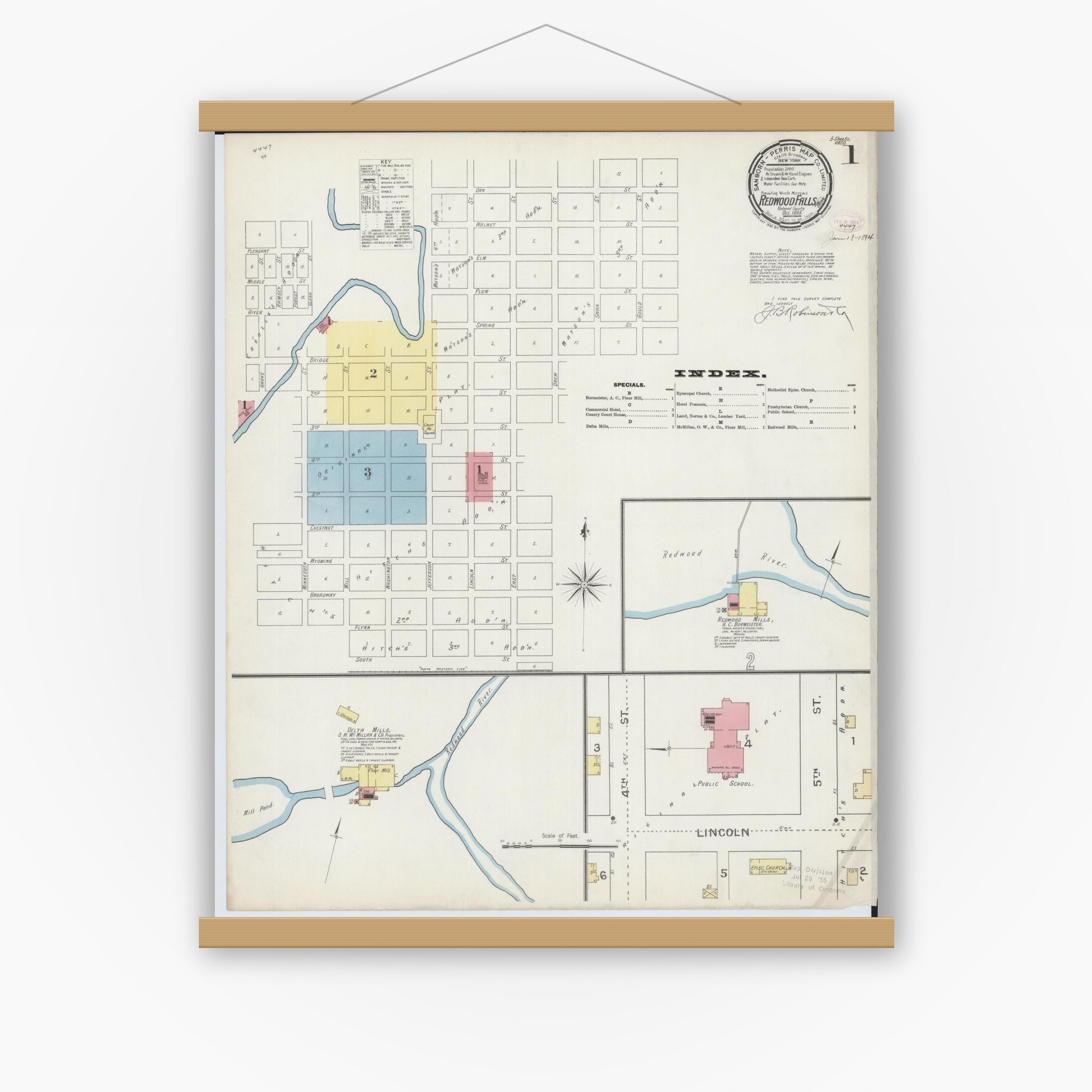 Old map wall art mockup — magnetic wood frame on white wall — Sanborn Fire Insurance Map from Redwood Falls, Redwood County, Minnesota (1893) - Complete Map Set