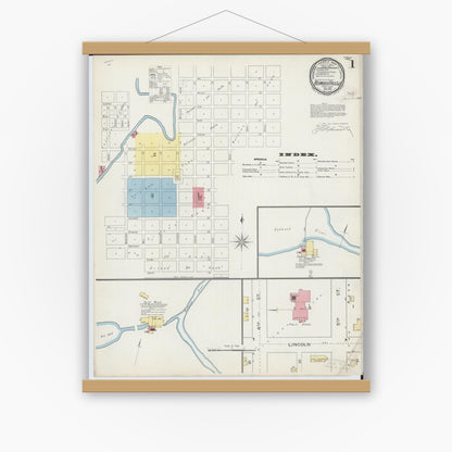 Old map wall art mockup — magnetic wood frame on white wall — Sanborn Fire Insurance Map from Redwood Falls, Redwood County, Minnesota (1893) - Complete Map Set