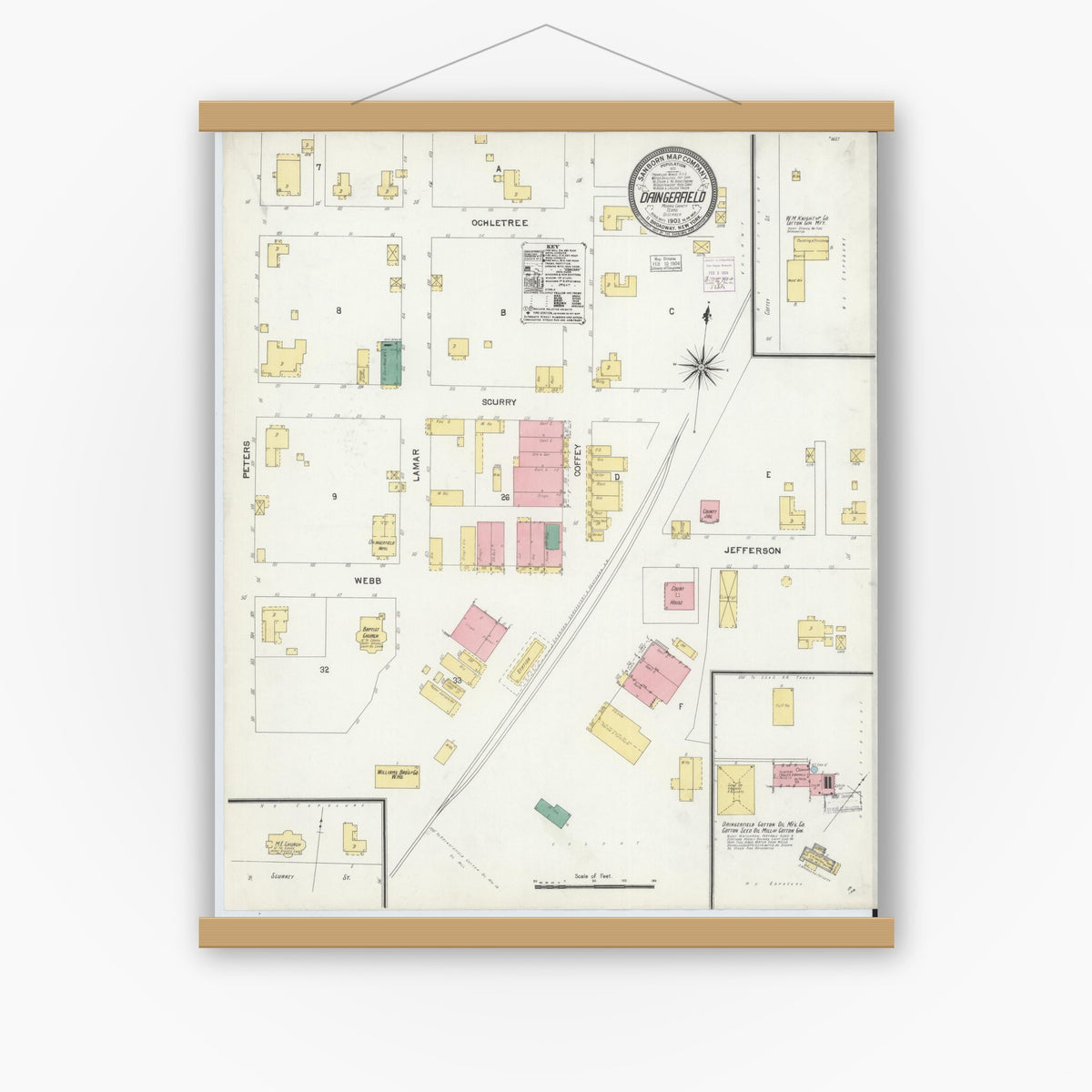 Old map wall art mockup — magnetic wood frame on white wall — Sanborn Fire Insurance Map from Daingerfield, Morris County, Texas (1903), Sheet #0001