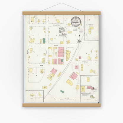Old map wall art mockup — magnetic wood frame on white wall — Sanborn Fire Insurance Map from Daingerfield, Morris County, Texas (1903), Sheet #0001