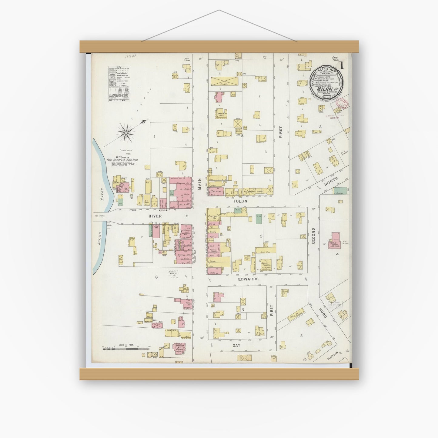 Old map wall art mockup — magnetic wood frame on white wall — Sanborn Fire Insurance Map from Milan, Washtenaw And Monroe Counties, Michigan (1895) - Complete Map Set