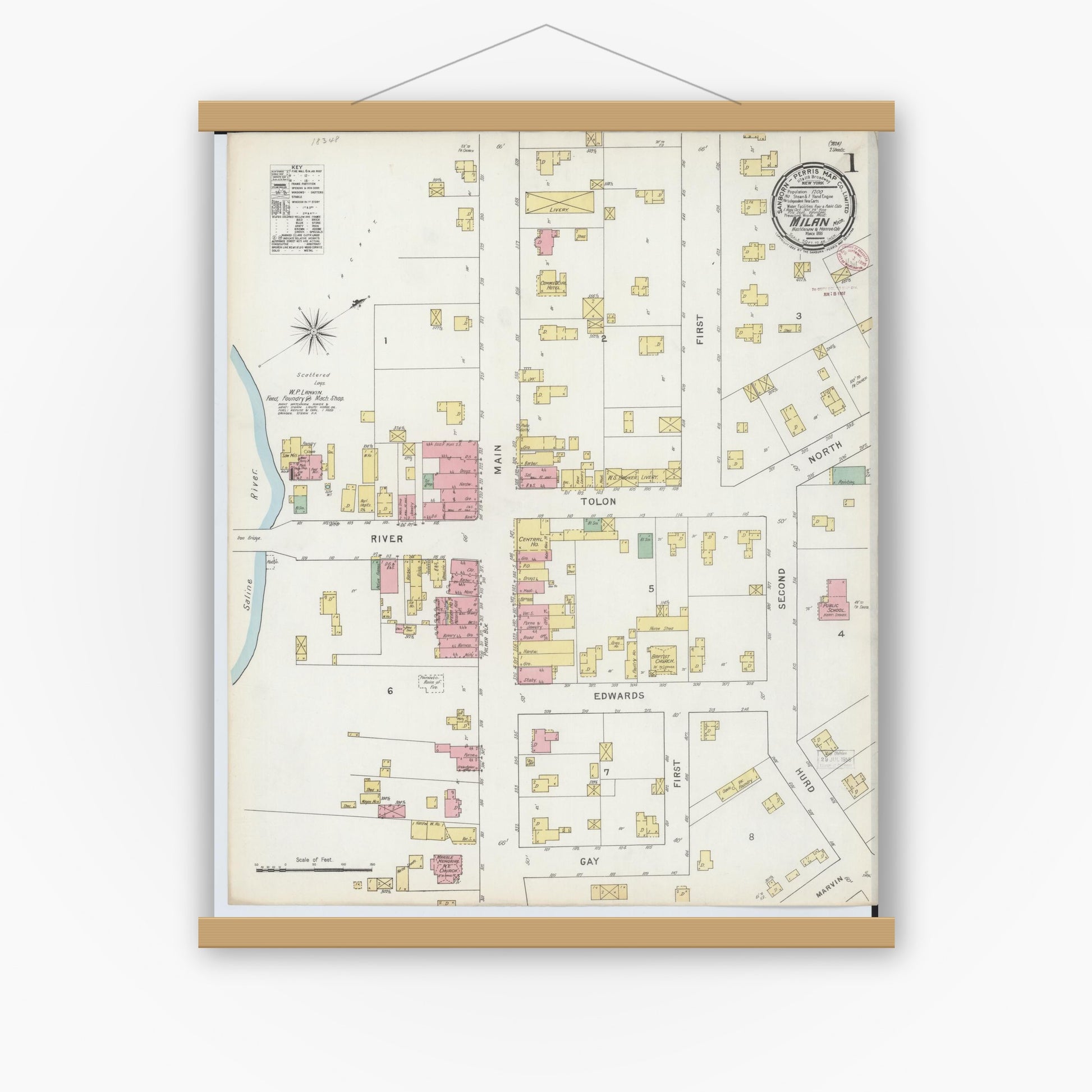 Old map wall art mockup — magnetic wood frame on white wall — Sanborn Fire Insurance Map from Milan, Washtenaw And Monroe Counties, Michigan (1895) - Complete Map Set
