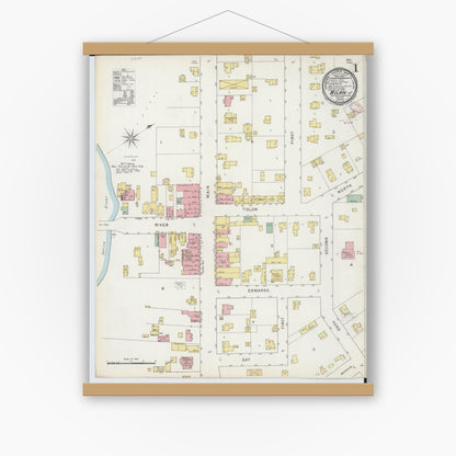 Old map wall art mockup — magnetic wood frame on white wall — Sanborn Fire Insurance Map from Milan, Washtenaw And Monroe Counties, Michigan (1895) - Complete Map Set