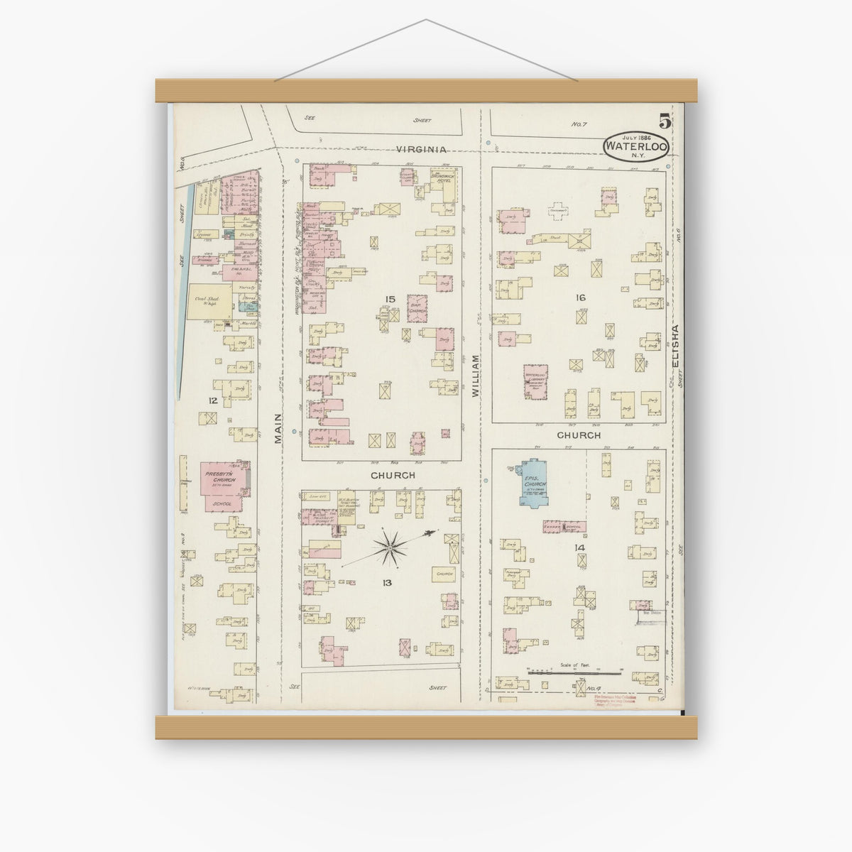 Old map wall art mockup — magnetic wood frame on white wall — Sanborn Fire Insurance Map from Waterloo, Seneca County, New York (1886), Sheet #0005