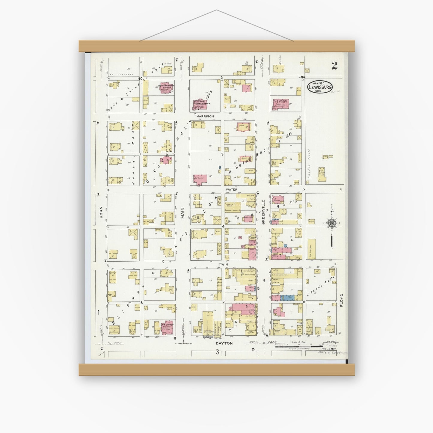 Old map wall art mockup — magnetic wood frame on white wall — Sanborn Fire Insurance Map from Lewisburg, Preble County, Ohio (1920), Sheet #0002