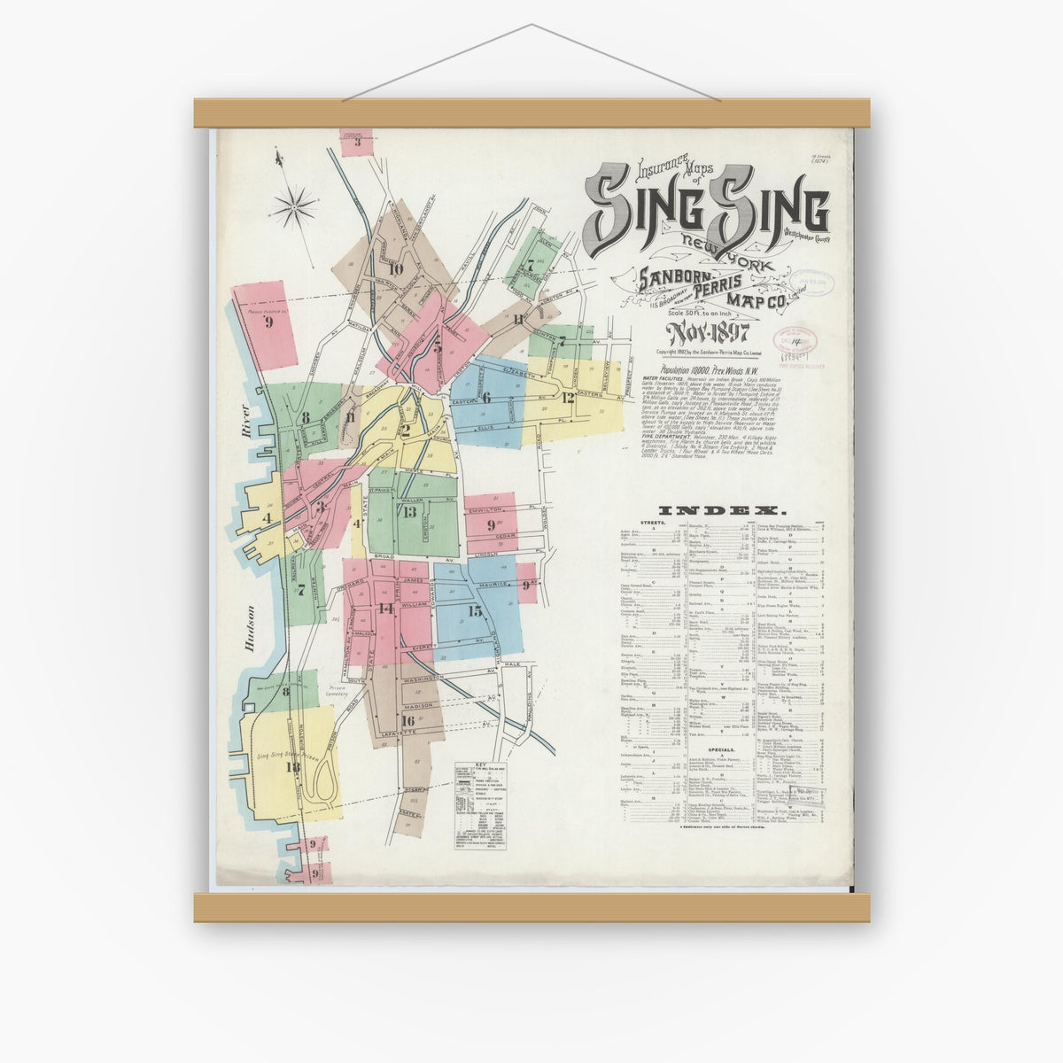 Old map wall art mockup — magnetic wood frame on white wall — Sanborn Fire Insurance Map from Sing Sing, Westchester County, New York (1897), Sheet #0001