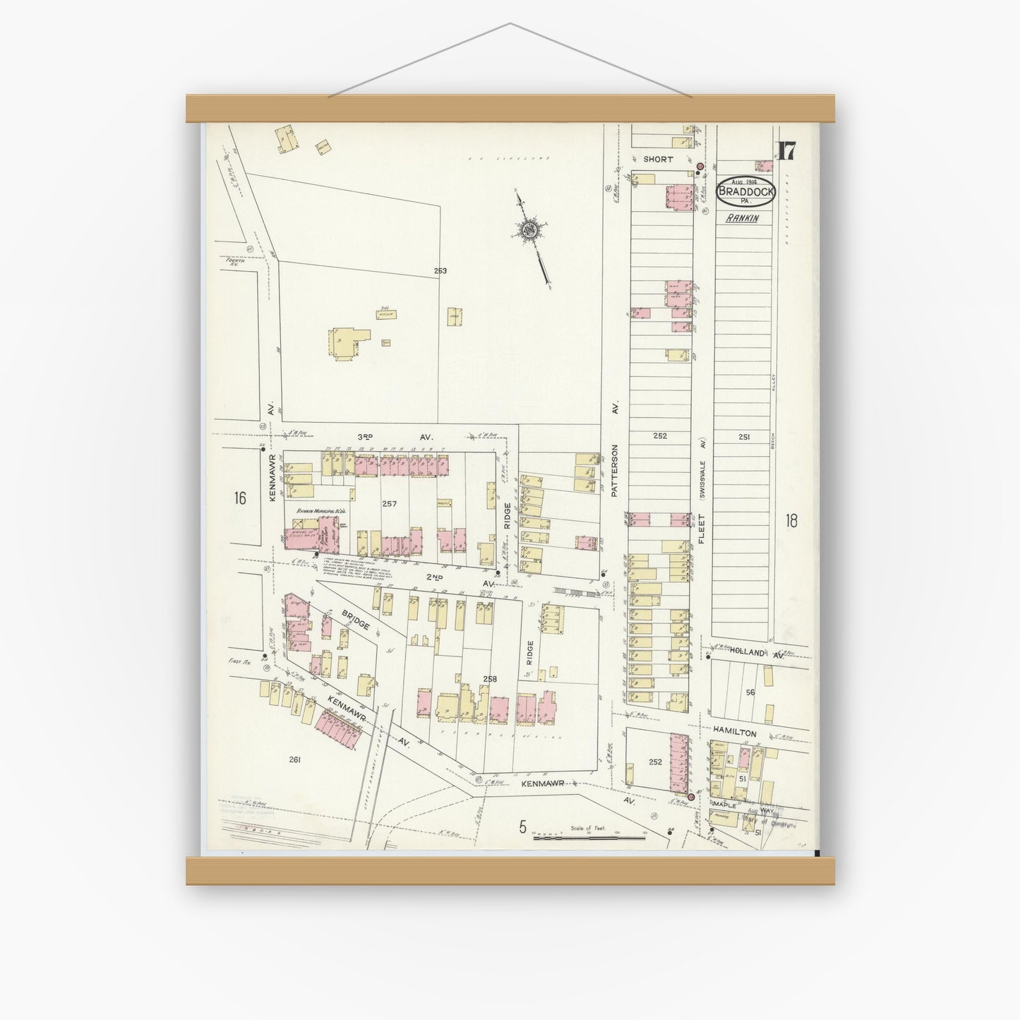 Old map wall art mockup — magnetic wood frame on white wall — Sanborn Fire Insurance Map from Braddock, Allegheny County, Pennsylvania (1914), Sheet #0017