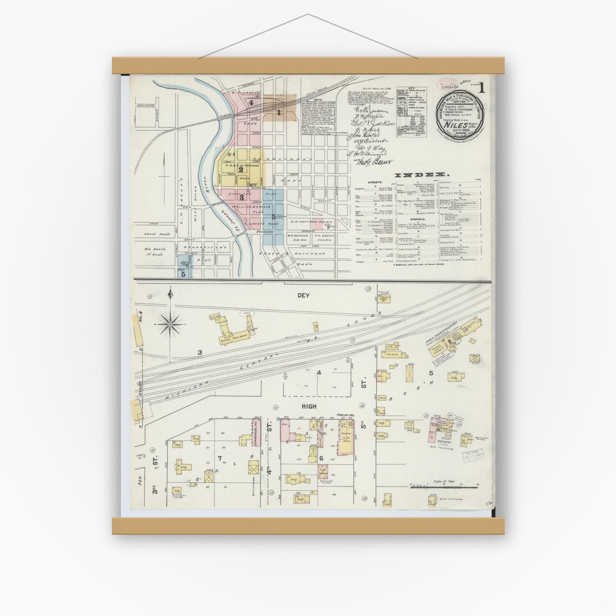 Old map wall art mockup — magnetic wood frame on white wall — Sanborn Fire Insurance Map from Niles, Berrien County, Michigan (1889), Sheet #0001