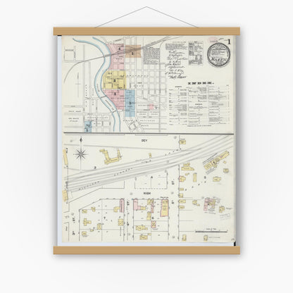 Old map wall art mockup — magnetic wood frame on white wall — Sanborn Fire Insurance Map from Niles, Berrien County, Michigan (1889), Sheet #0001