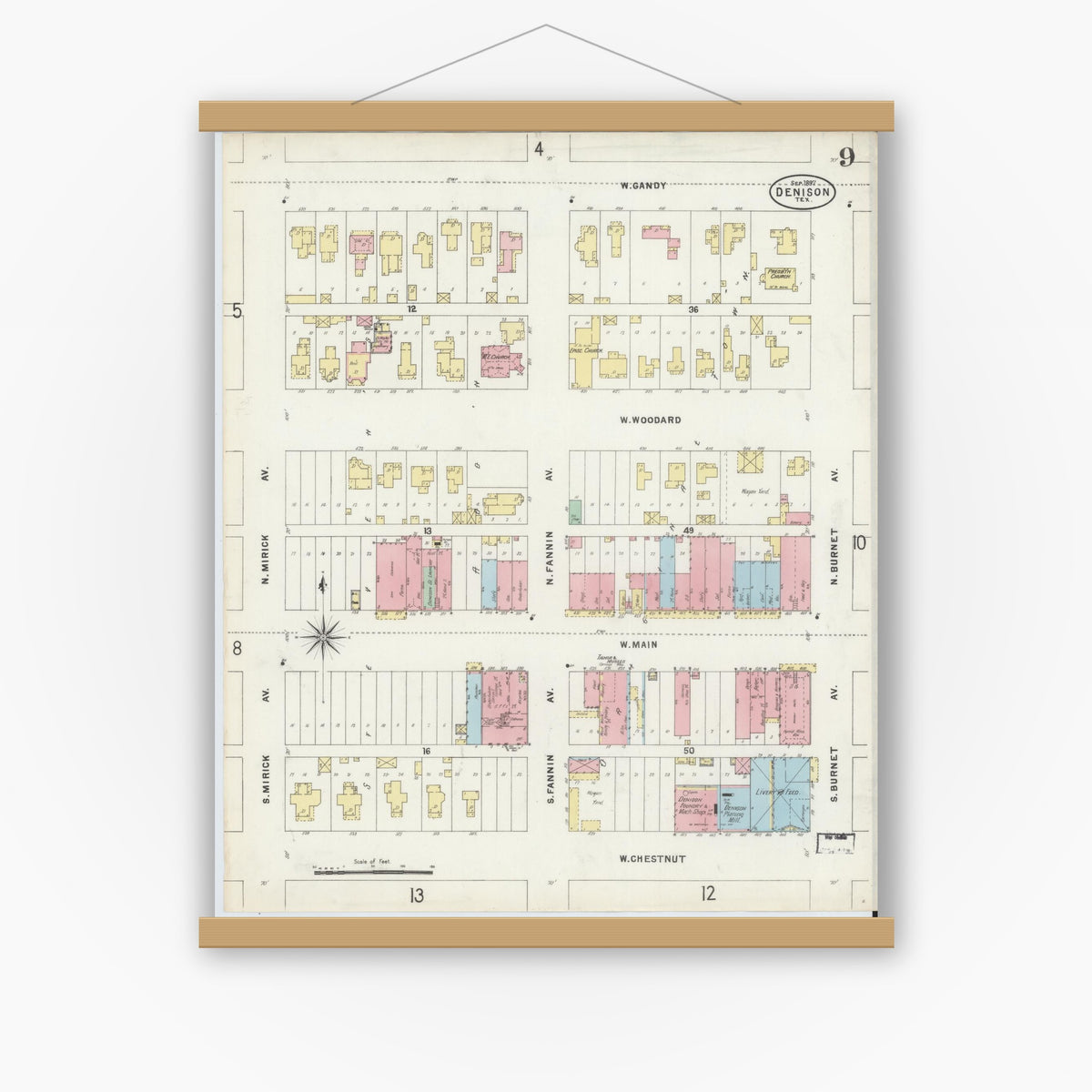 Old map wall art mockup — magnetic wood frame on white wall — Sanborn Fire Insurance Map from Denison, Grayson County, Texas (1897), Sheet #0009