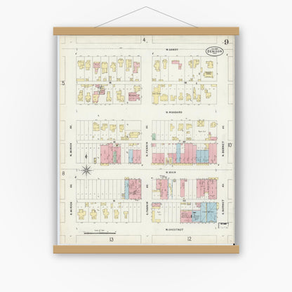 Old map wall art mockup — magnetic wood frame on white wall — Sanborn Fire Insurance Map from Denison, Grayson County, Texas (1897), Sheet #0009