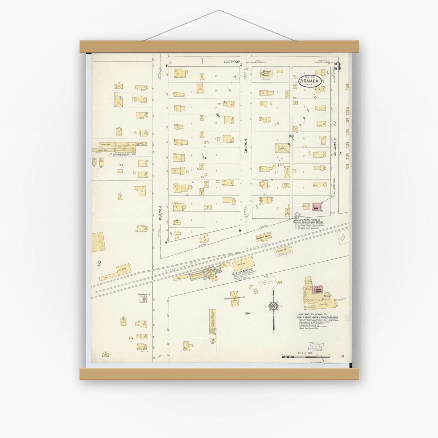 Old map wall art mockup — magnetic wood frame on white wall — Sanborn Fire Insurance Map from Armada, Macomb County, Michigan (1913), Sheet #0003