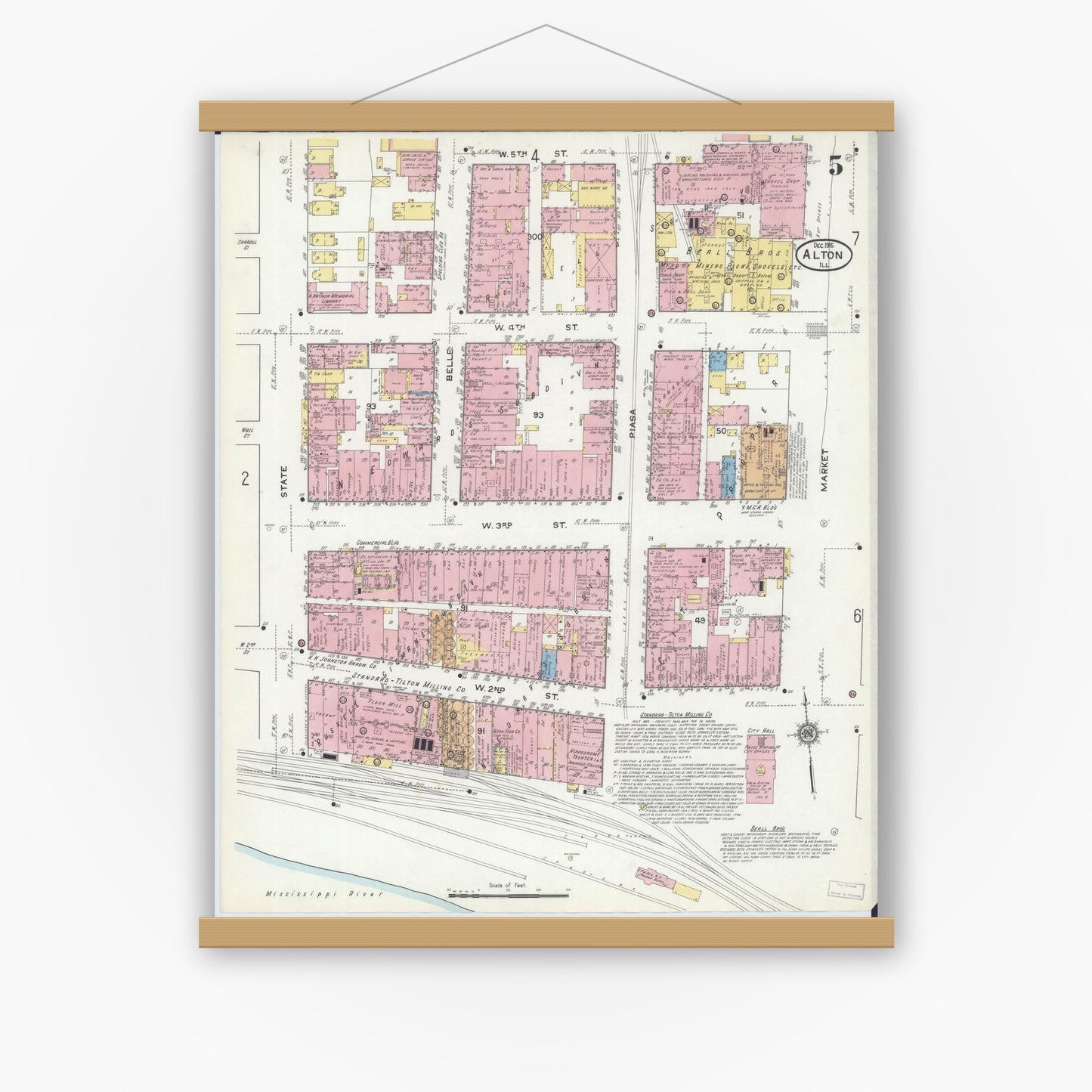 Old map wall art mockup — magnetic wood frame on white wall — Sanborn Fire Insurance Map from Alton, Madison County, Illinois (1915), Sheet #0005